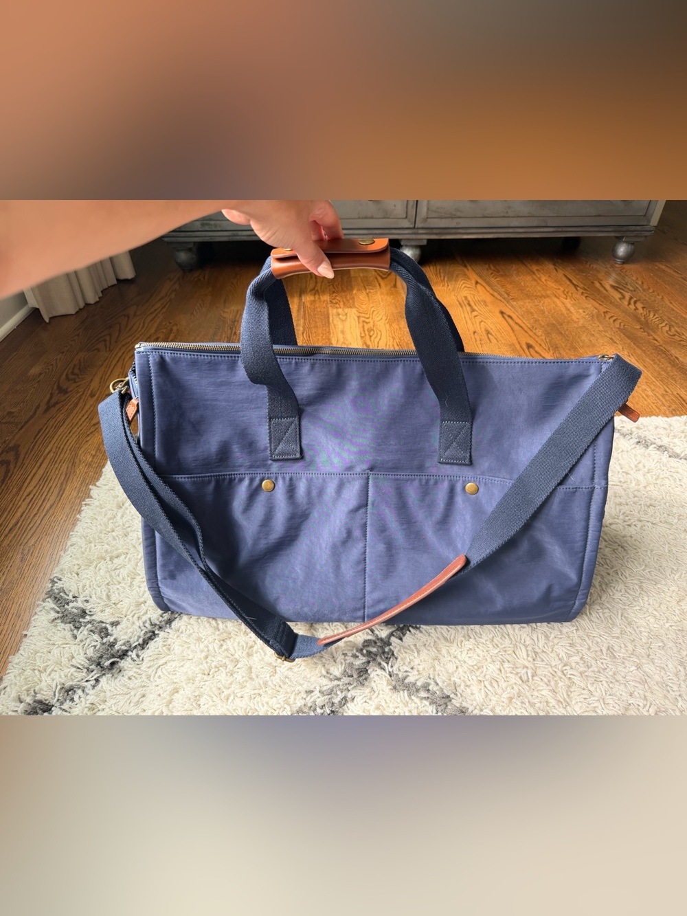 Mark & Graham Commuter 2 in 1 Garment/Duffel in navy canvas with Leather Accents